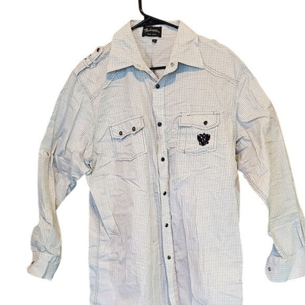Redemption New York Men Sz LG Shirt White Checkered Plaid Graphic Design     Gr2